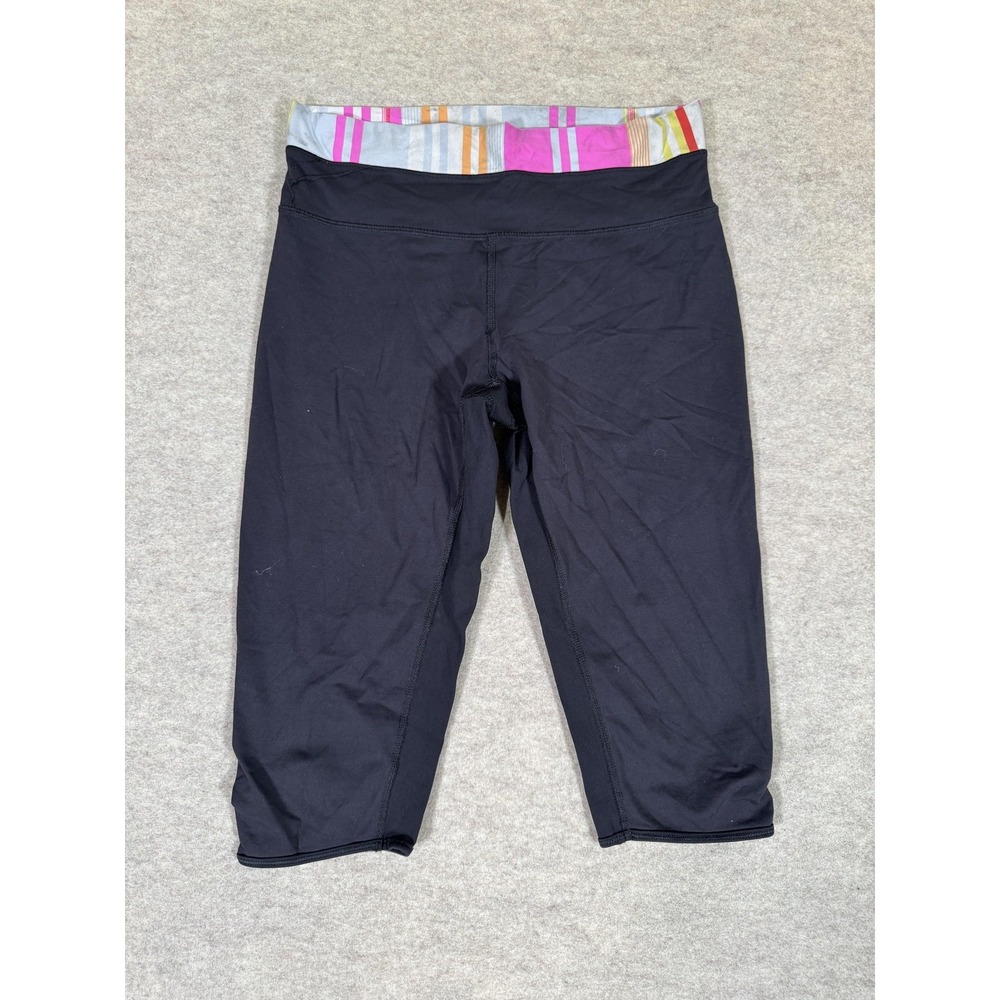Lululemon Leggings Womens Small Black Capri Striped Foldover Waist Yoga Gym